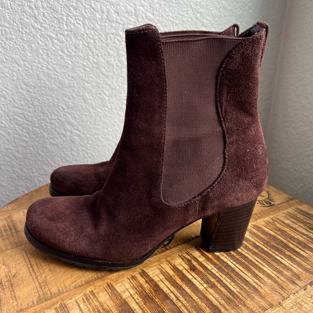 Cole Haan Suede Leather Boots Brown Size 8 B Chunky Booties Block Heel